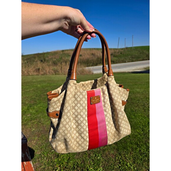 kate spade Handbags - Kate Spade New York Beige Jacquard Logo Satchel Zip, Brown Leather Handles